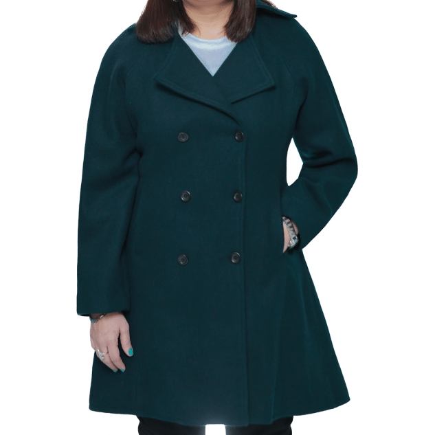 Ana Womens Forest Green Double Breasted Flare Wool Coat - Regular Fit
