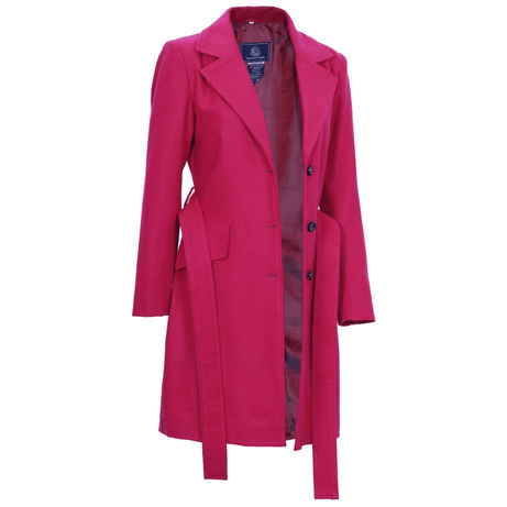 Womens Pink Notch Lapel Wool Wrap Coat