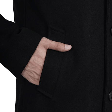 Mens Modern Fit Long Length Wool Black Topcoat