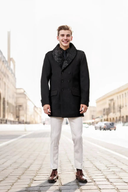 Brewer Mens Black Fur Collar Wool Coat