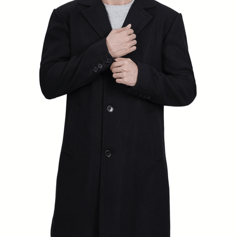 Mens Modern Fit Long Length Wool Black Topcoat
