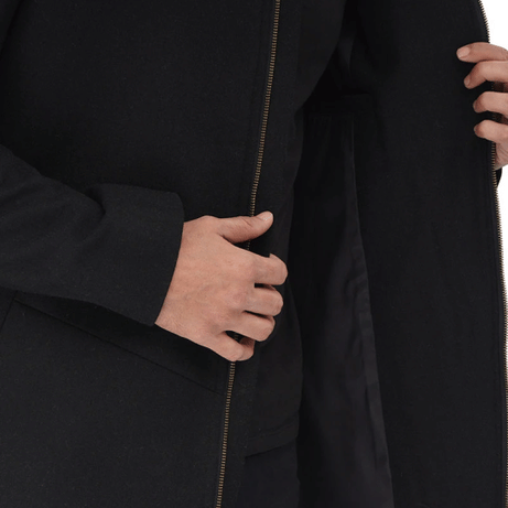 Men's Black Modern Fit Wool Hooded Coat with Zip Closure