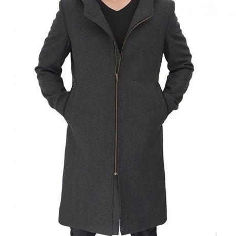 Barry Modern Fit Mens Grey Wool Coat with Hood - Long Winter Outerwear