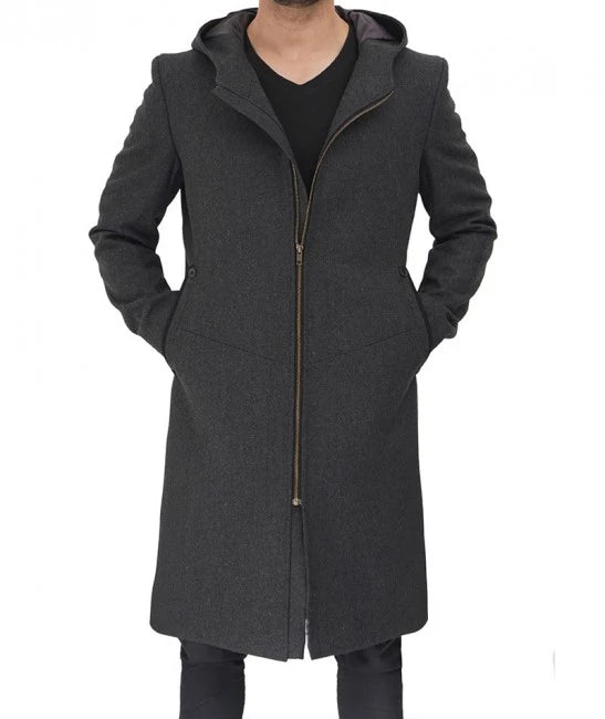 Barry Modern Fit Mens Grey Wool Coat with Hood - Long Winter Outerwear