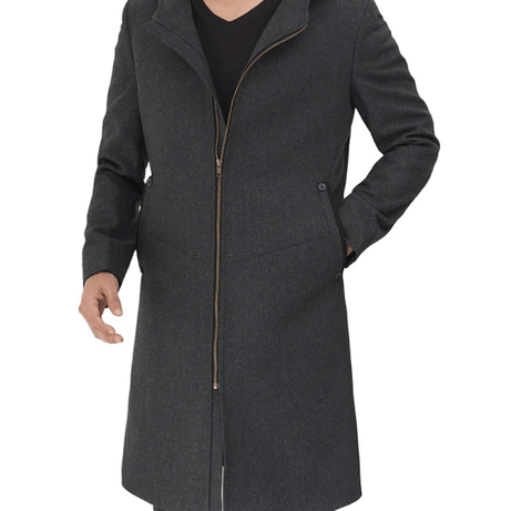 Barry Modern Fit Mens Grey Wool Coat with Hood - Long Winter Outerwear
