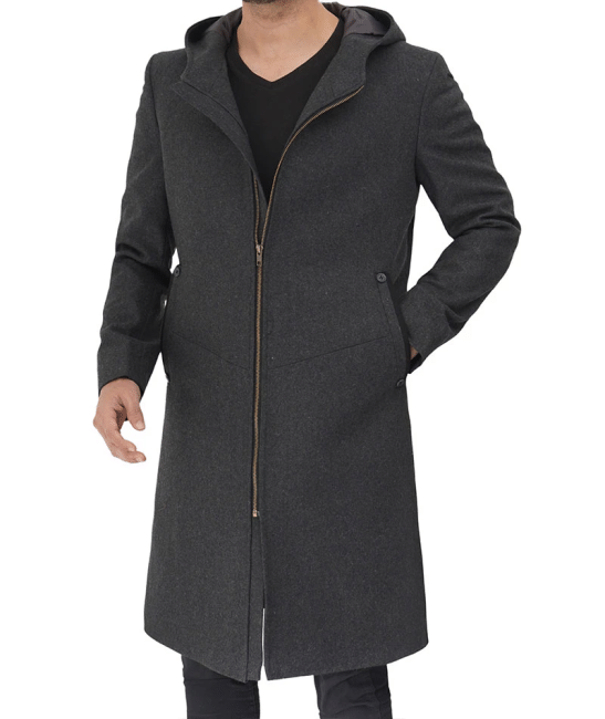 Barry Modern Fit Mens Grey Wool Coat with Hood - Long Winter Outerwear